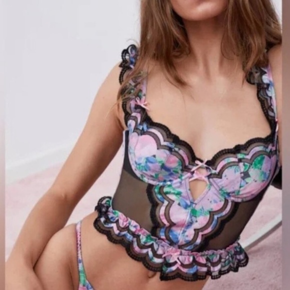 New! For Love and Lemons Black Pink Odette Floral Bustier Bra Top 10425